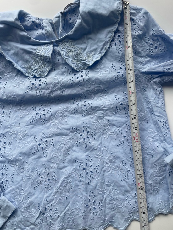 Blue Eyelet Cotton Blouse Peter Pan Collar Cottage Core Medium - Picture 6 of 7